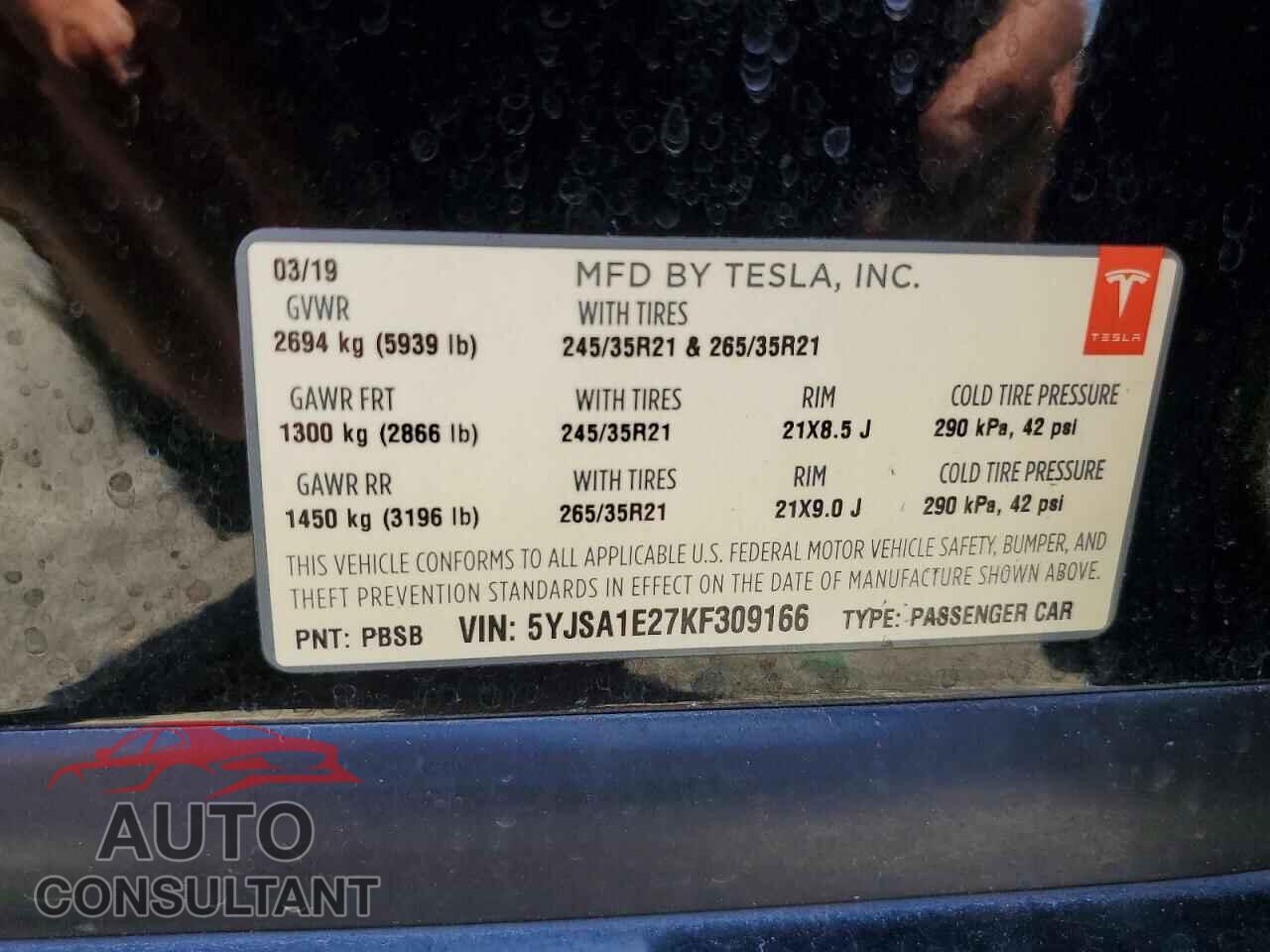 TESLA MODEL S 2019 - 5YJSA1E27KF309166