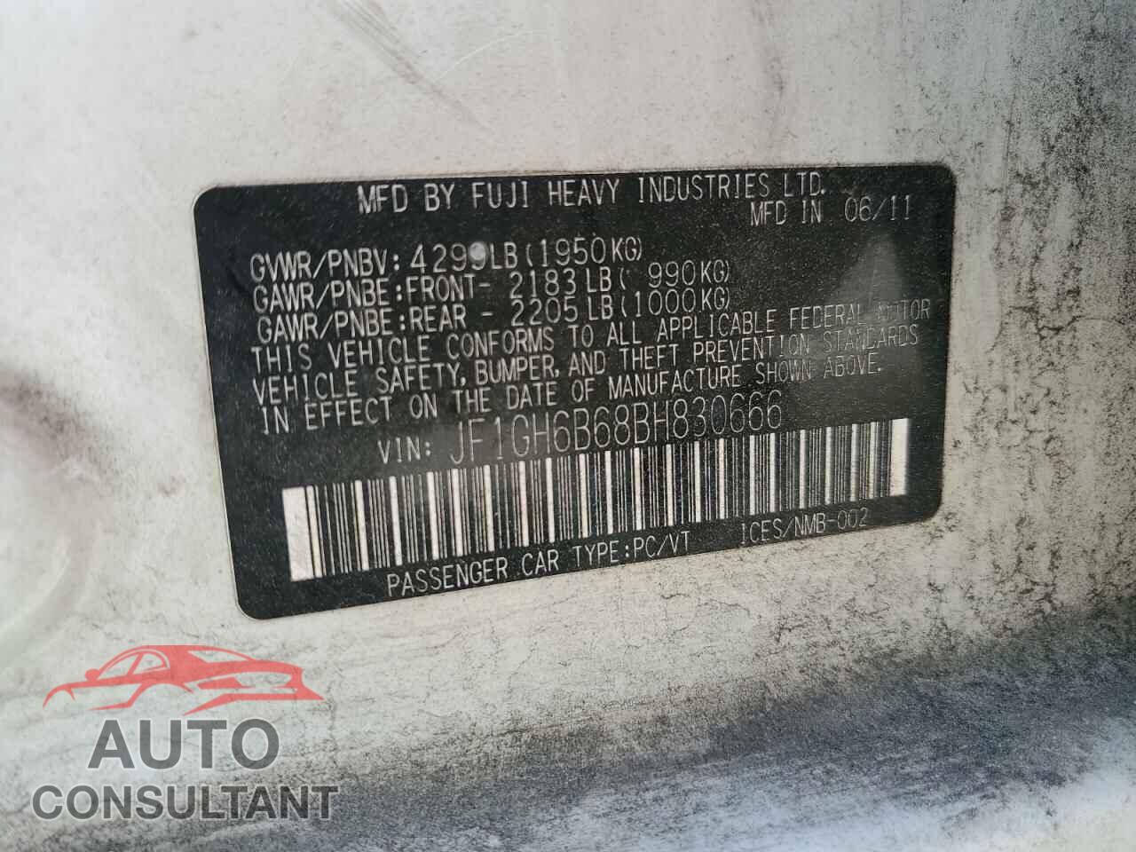 SUBARU IMPREZA 2011 - JF1GH6B68BH830666