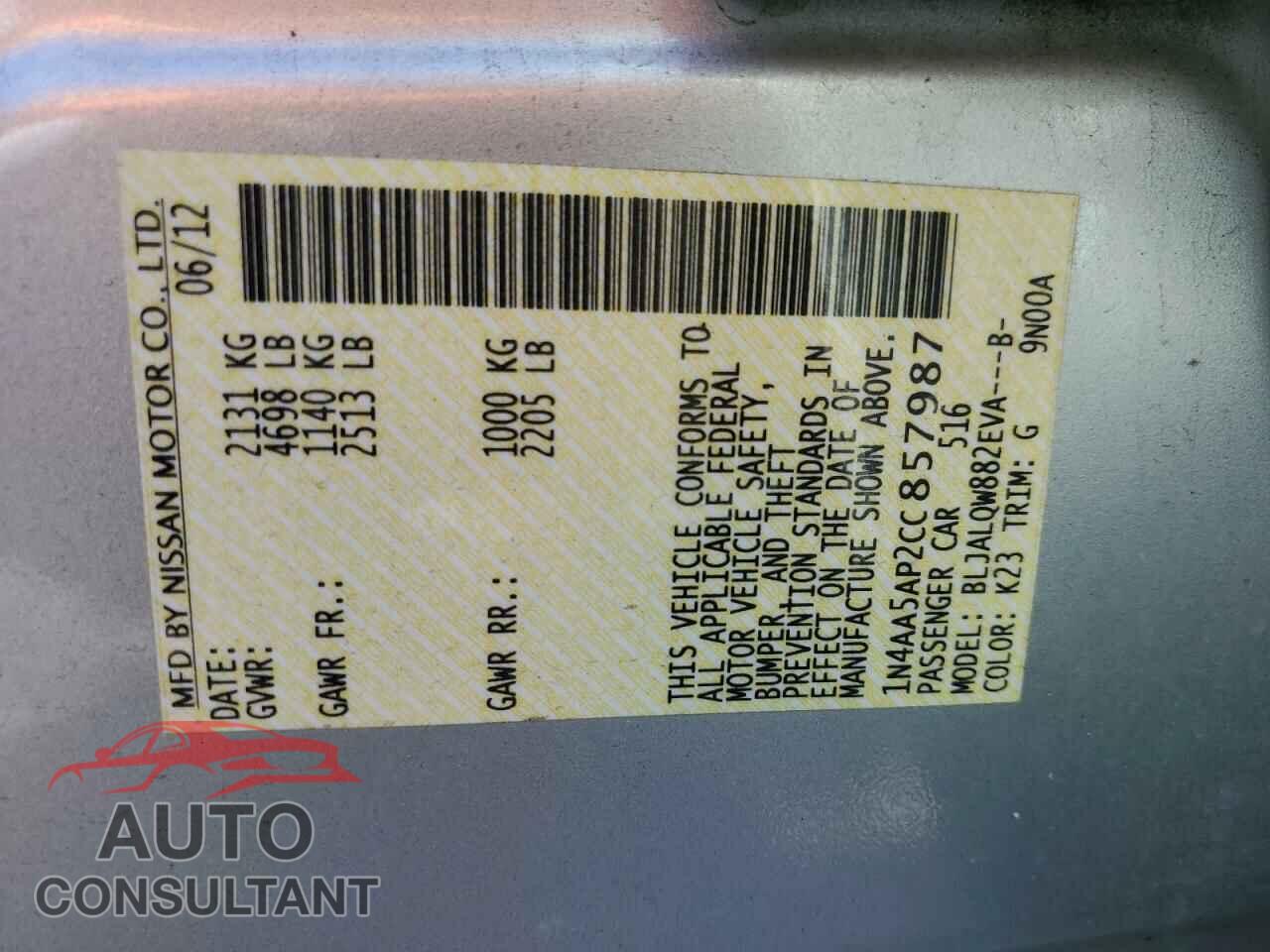 NISSAN MAXIMA 2012 - 1N4AA5AP2CC857987