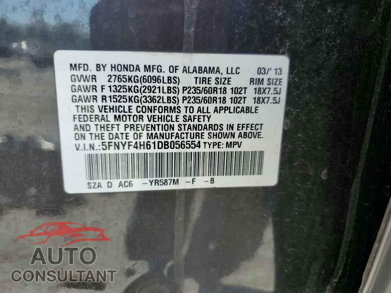 HONDA PILOT 2013 - 5FNYF4H61DB056554