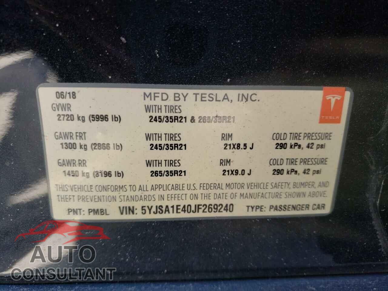 TESLA MODEL S 2018 - 5YJSA1E40JF269240