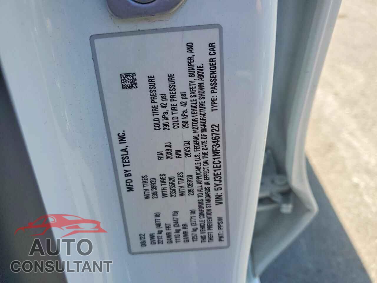 TESLA MODEL 3 2022 - 5YJ3E1EC1NF346722