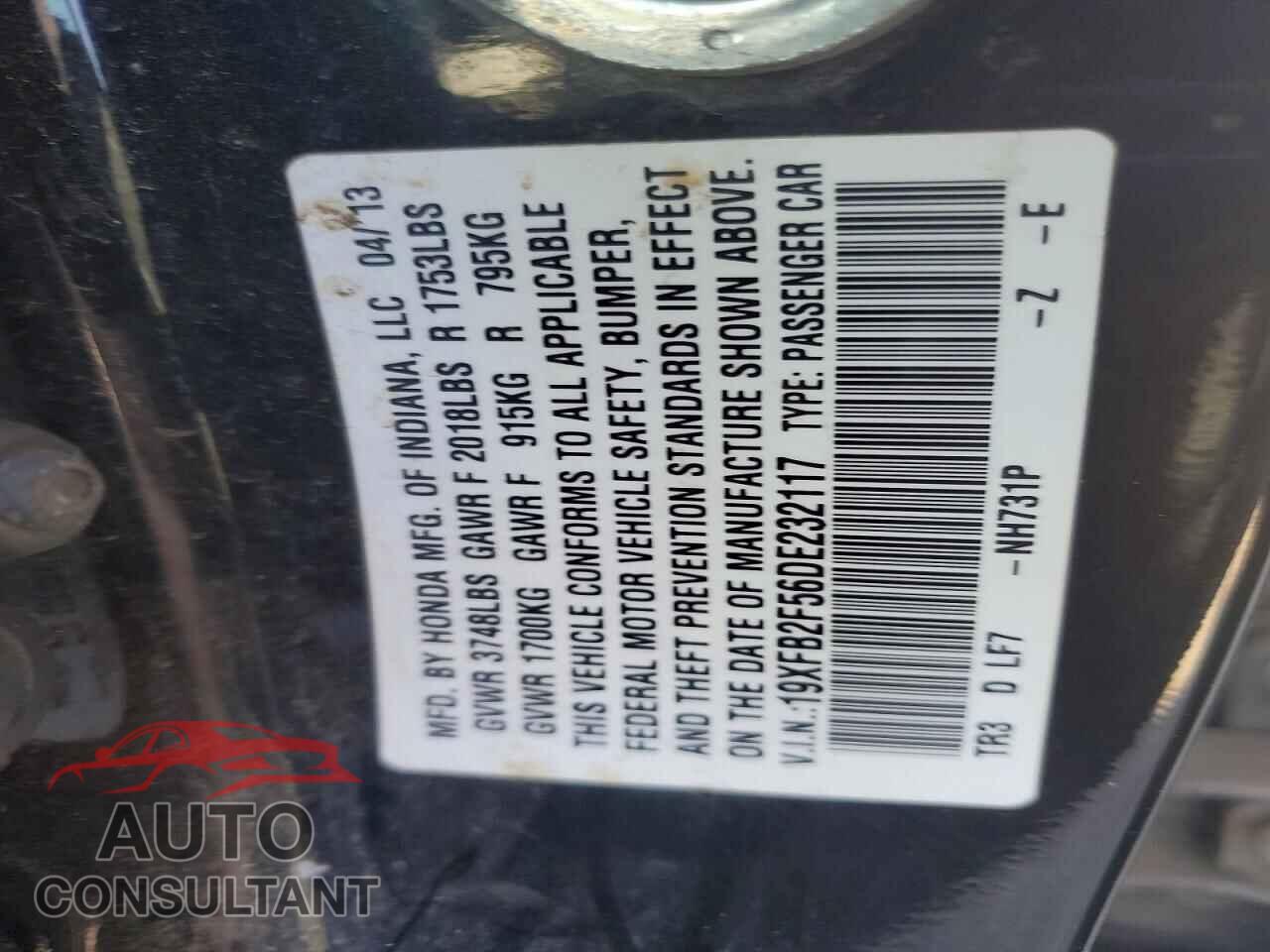 HONDA CIVIC 2013 - 19XFB2F56DE232117