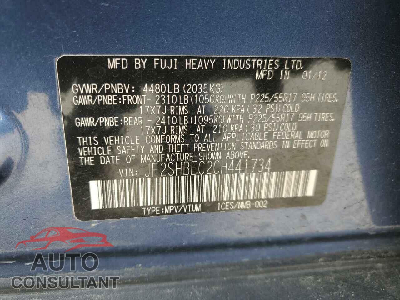 SUBARU FORESTER 2012 - JF2SHBEC2CH441734