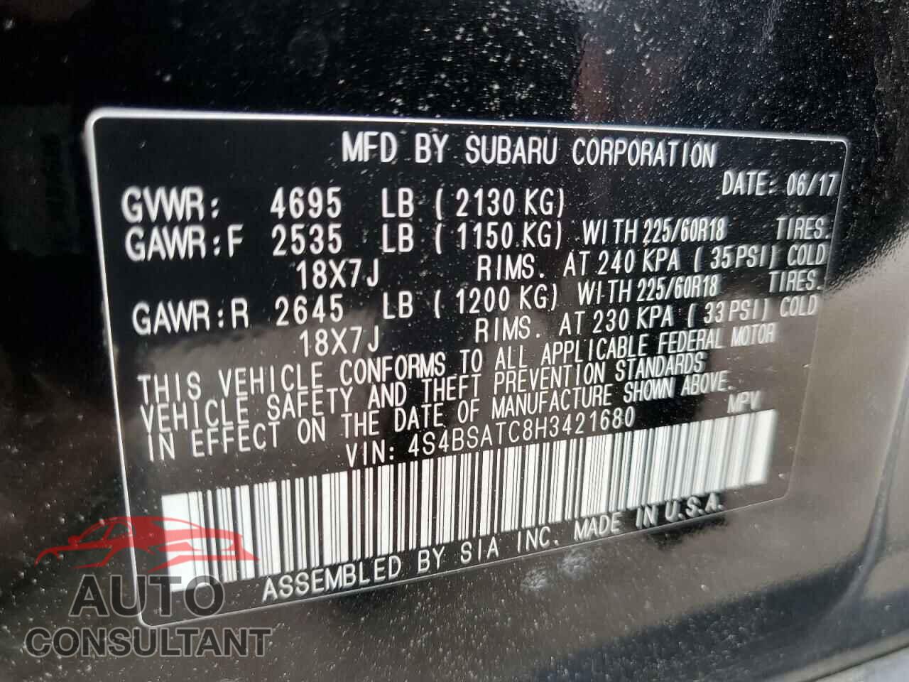 SUBARU OUTBACK 2017 - 4S4BSATC8H3421680