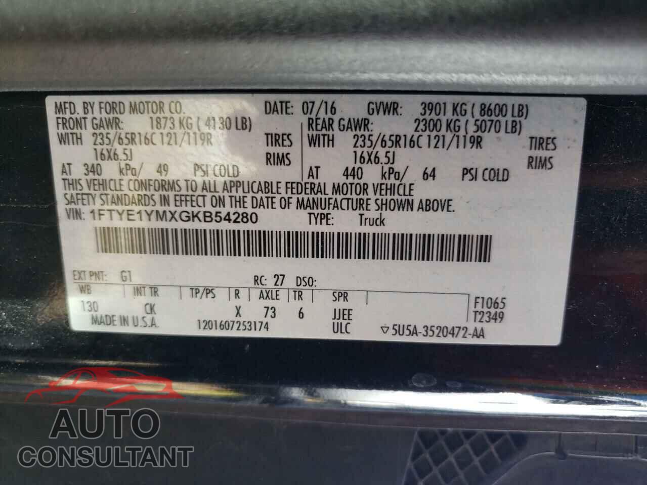 FORD TRANSIT 2016 - 1FTYE1YMXGKB54280