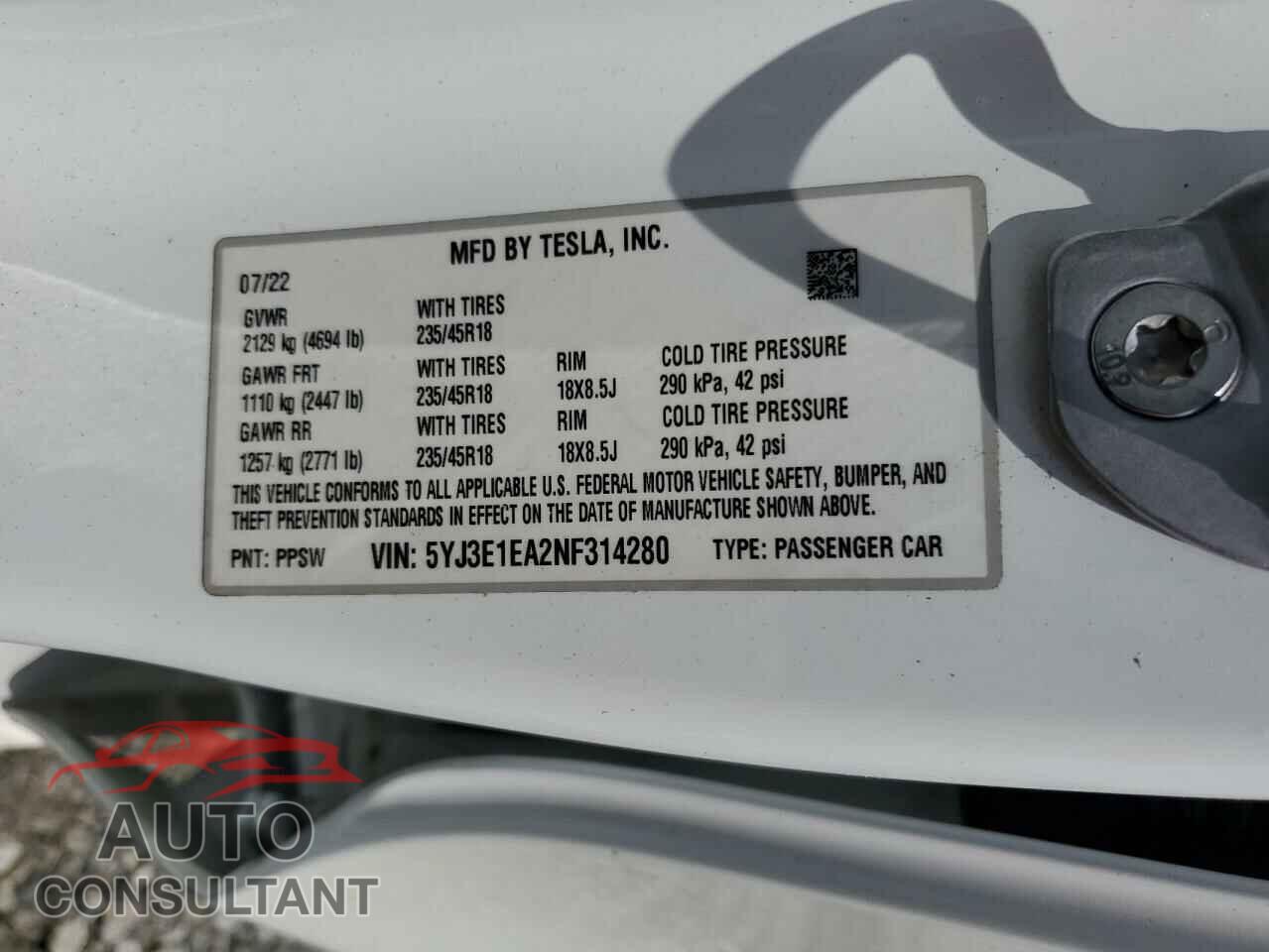 TESLA MODEL 3 2022 - 5YJ3E1EA2NF314280