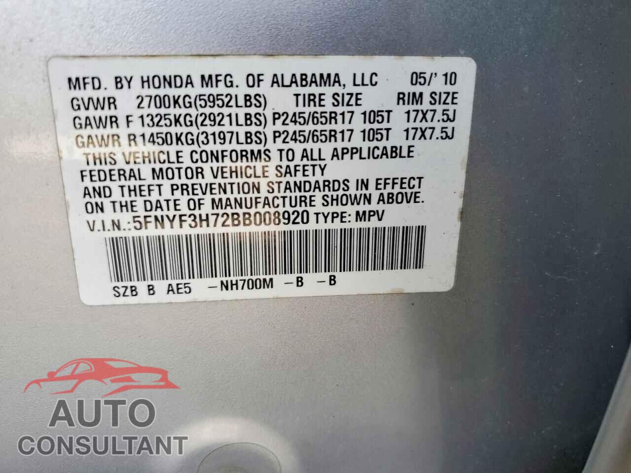 HONDA PILOT 2011 - 5FNYF3H72BB008920