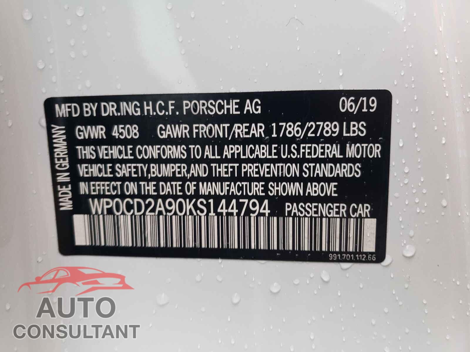 PORSCHE 911 2019 - WP0CD2A90KS144794
