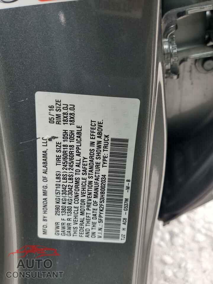 HONDA RIDGELINE 2017 - 5FPYK2F53HB002034