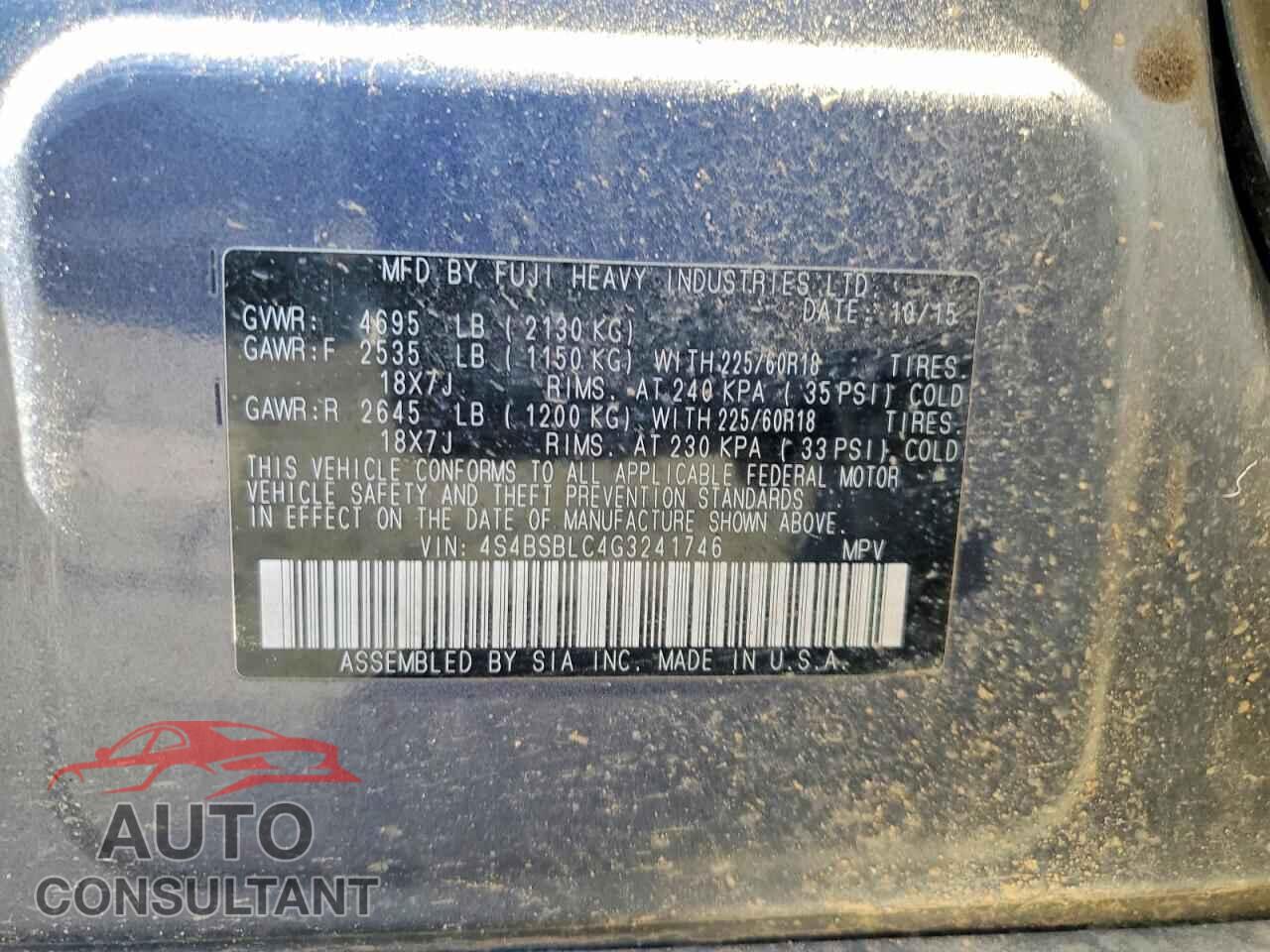 SUBARU OUTBACK 2016 - 4S4BSBLC4G3241746