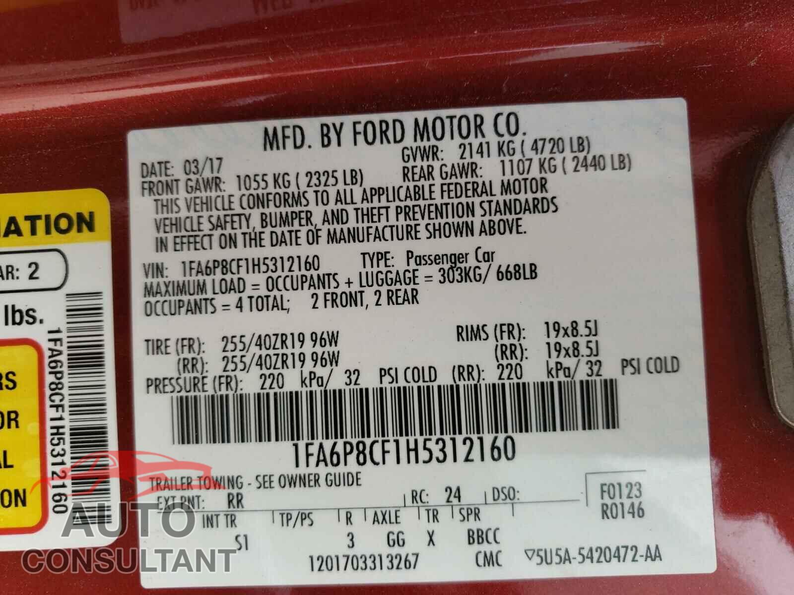 FORD MUSTANG 2017 - 1FA6P8CF1H5312160