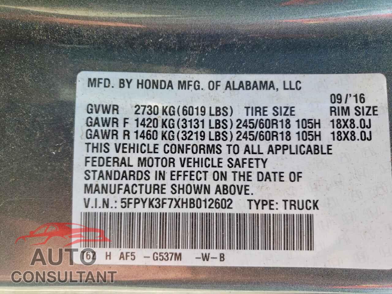 HONDA RIDGELINE 2017 - 5FPYK3F7XHB012602