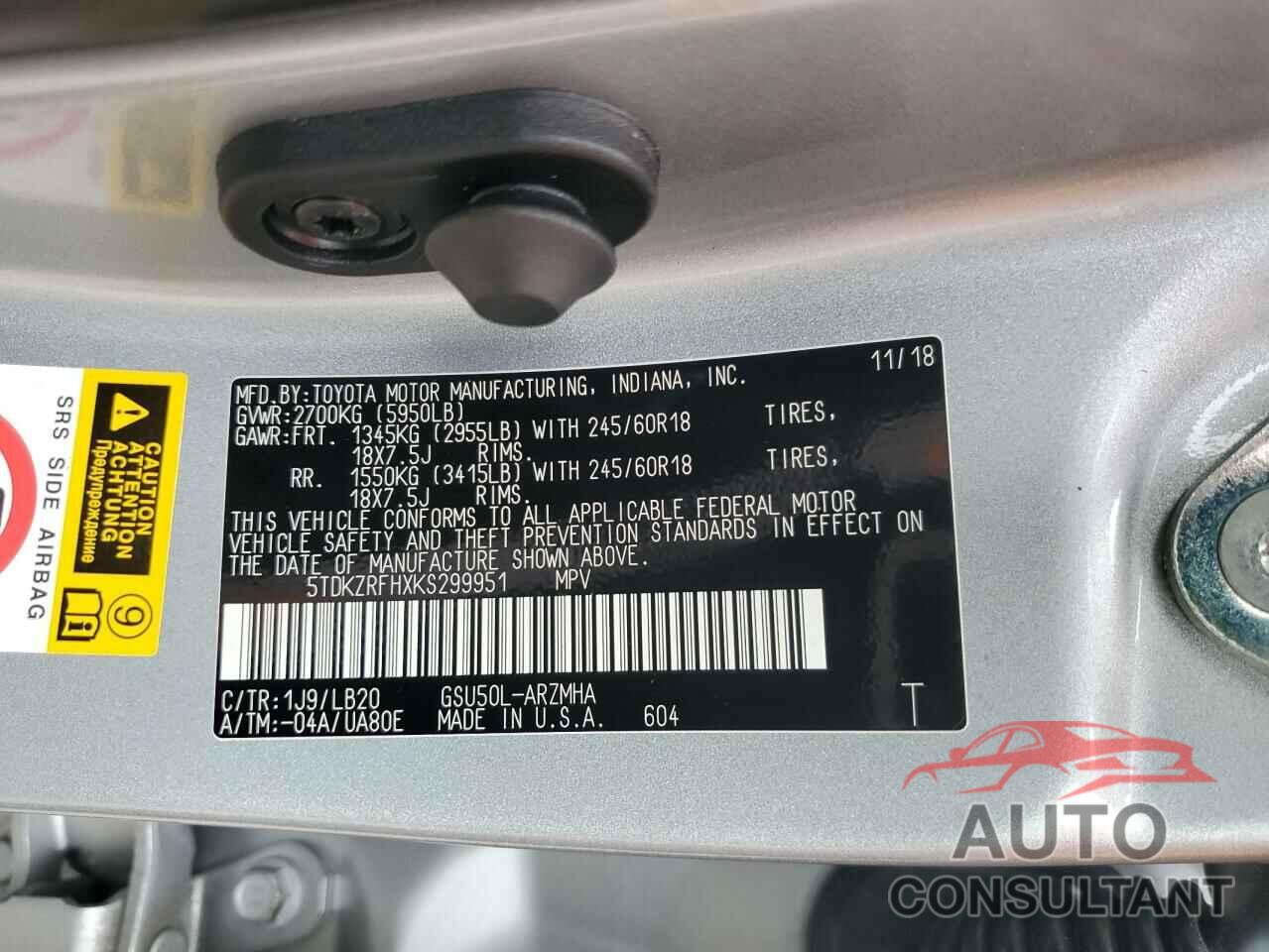 TOYOTA HIGHLANDER 2019 - 5TDKZRFHXKS299951
