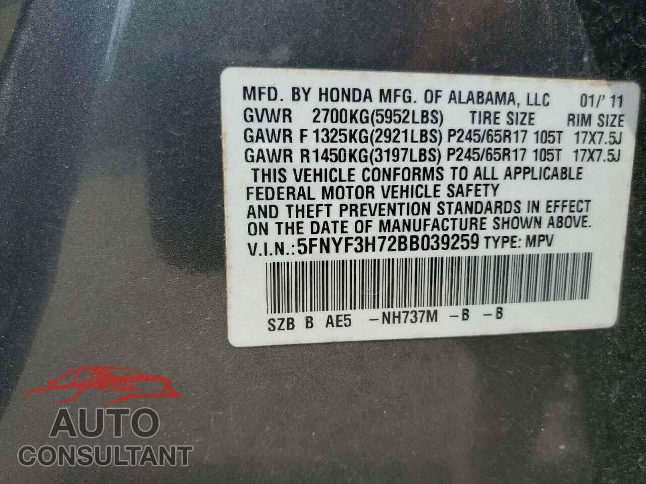 HONDA PILOT 2011 - 5FNYF3H72BB039259