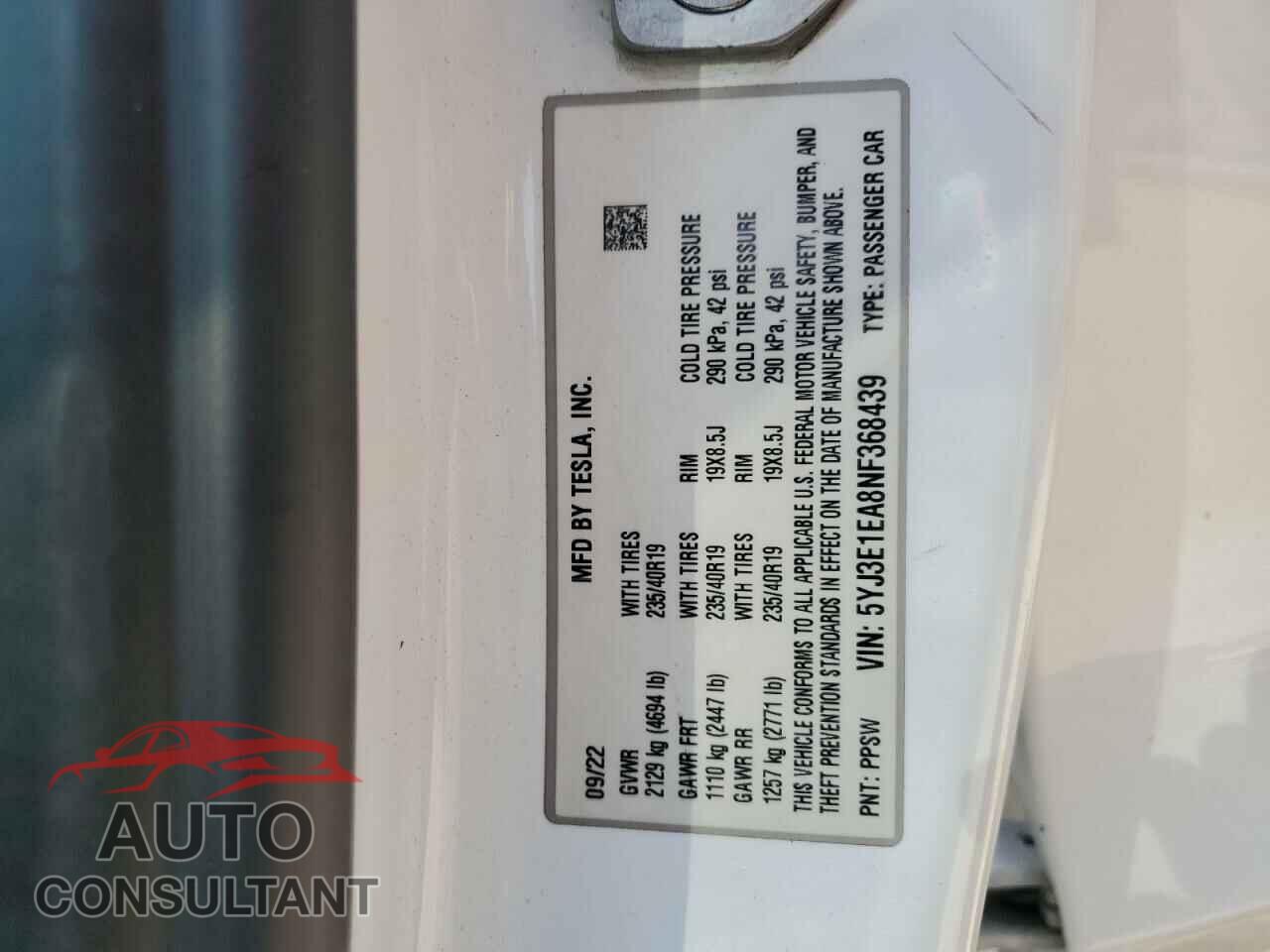 TESLA MODEL 3 2022 - 5YJ3E1EA8NF368439