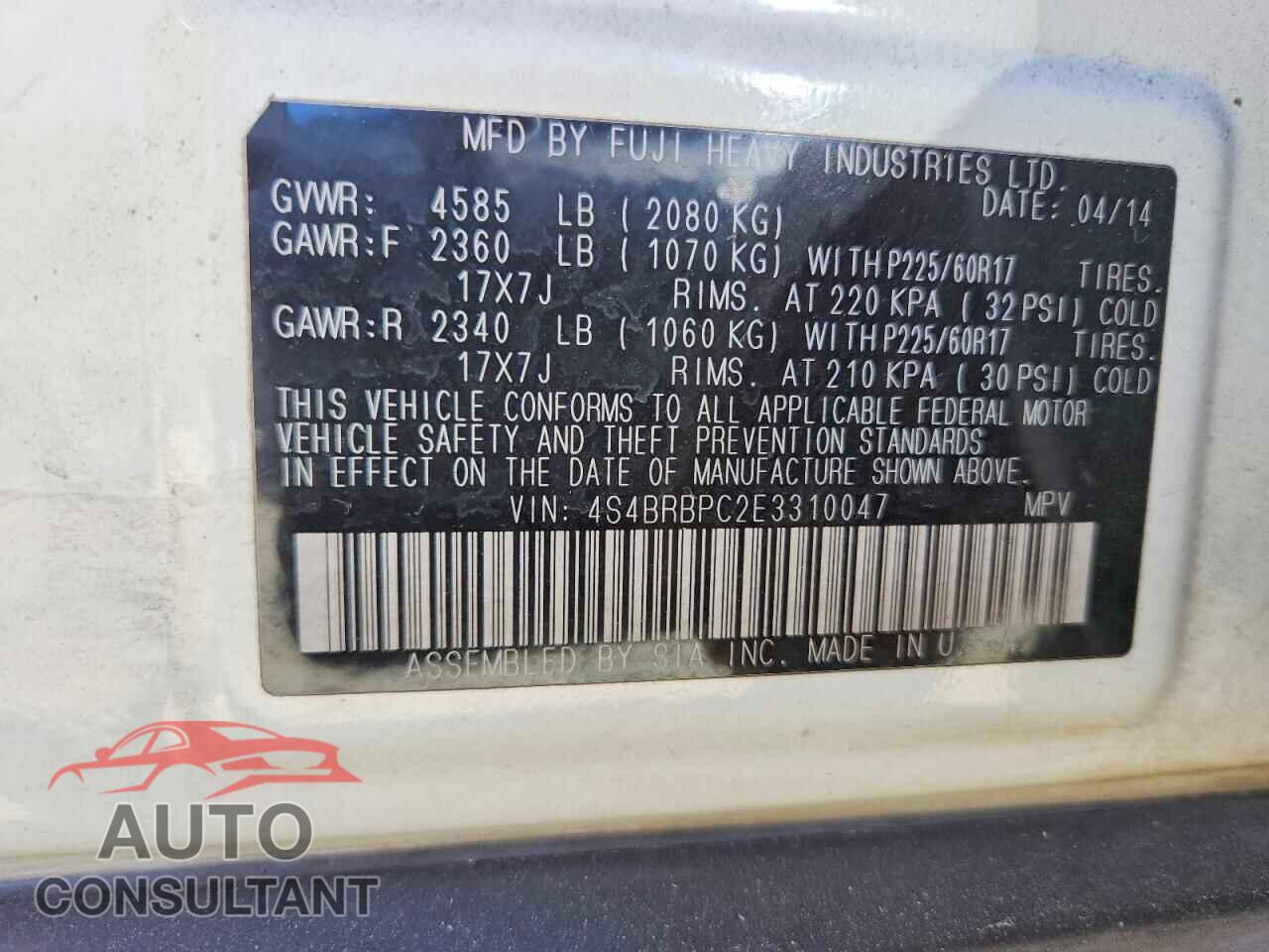 SUBARU OUTBACK 2014 - 4S4BRBPC2E3310047