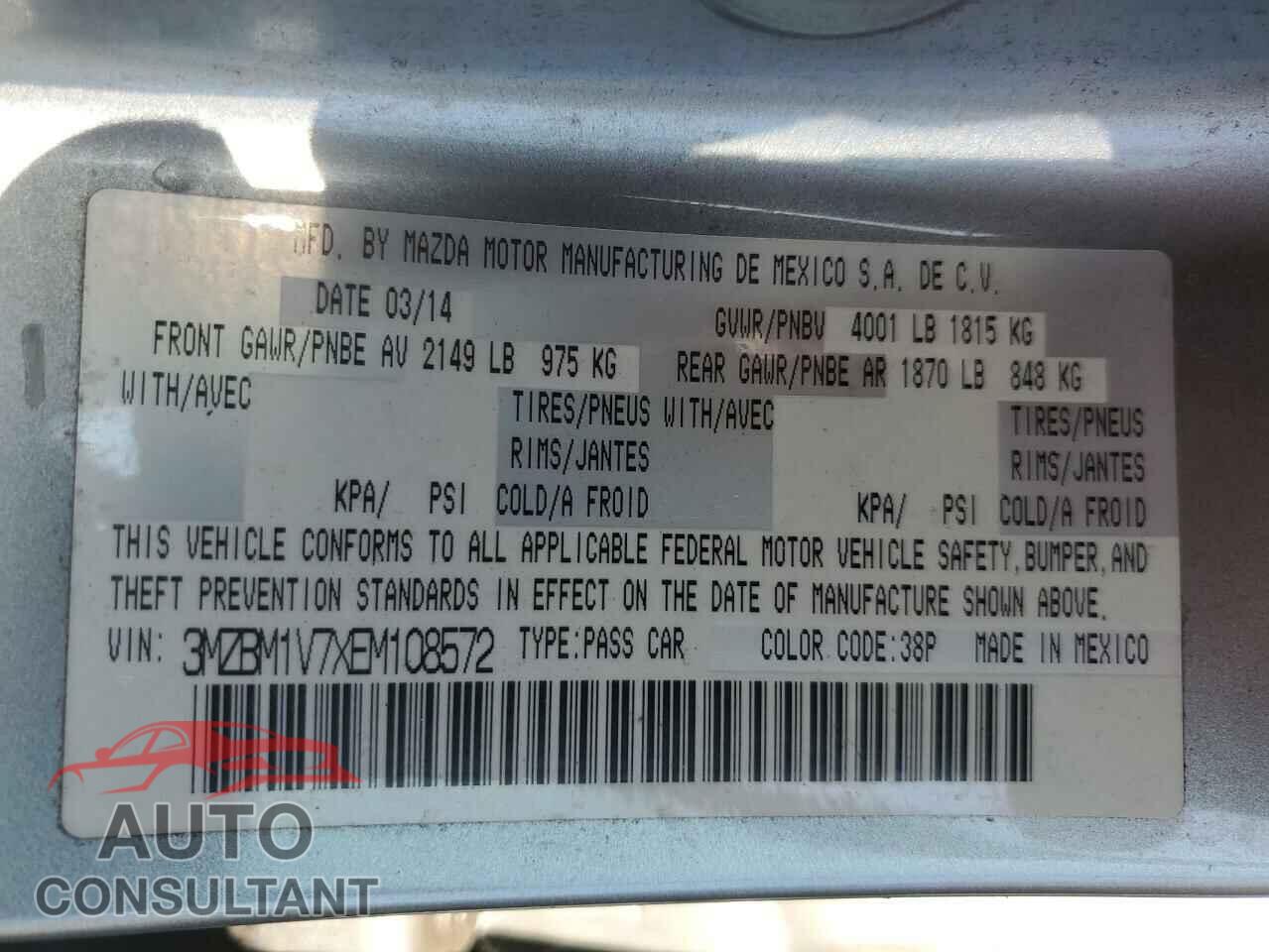 MAZDA 3 2014 - 3MZBM1V7XEM108572