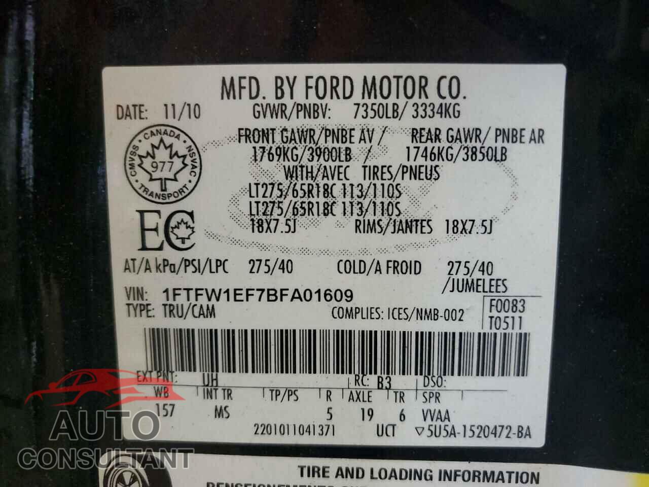 FORD F-150 2011 - 1FTFW1EF7BFA01609