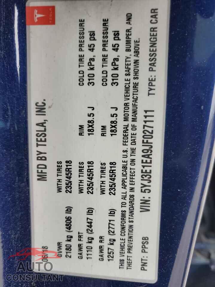 TESLA MODEL 3 2018 - 5YJ3E1EA9JF027111