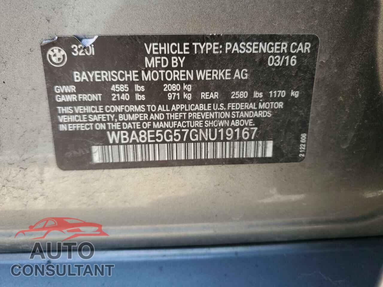 BMW 3 SERIES 2016 - WBA8E5G57GNU19167