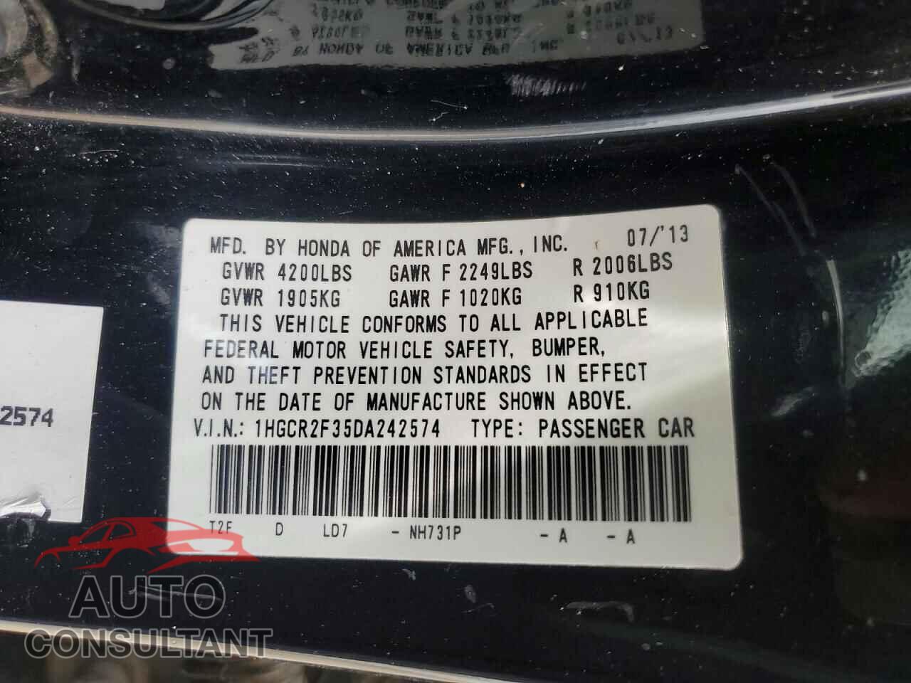 HONDA ACCORD 2013 - 1HGCR2F35DA242574