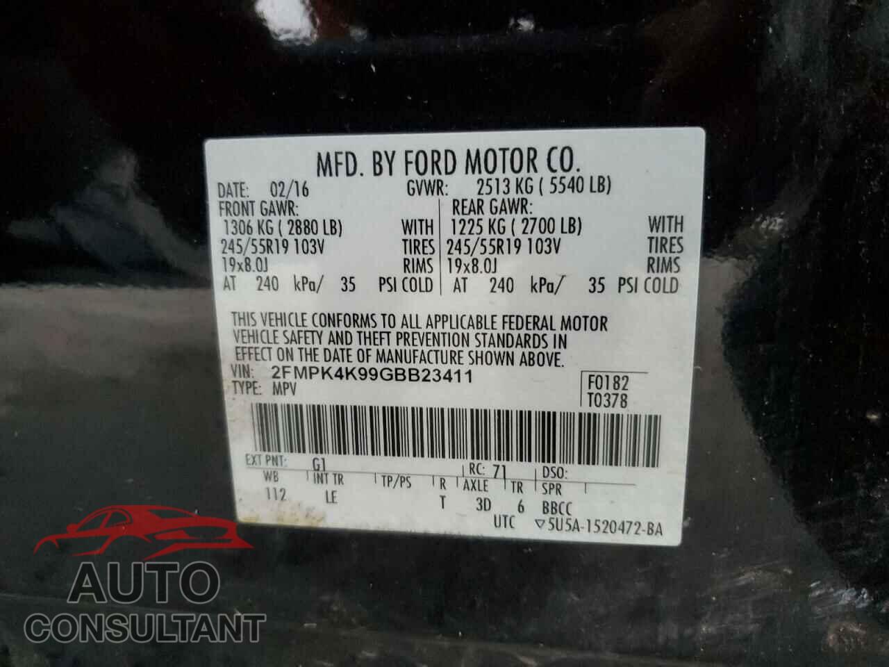 FORD EDGE 2016 - 2FMPK4K99GBB23411