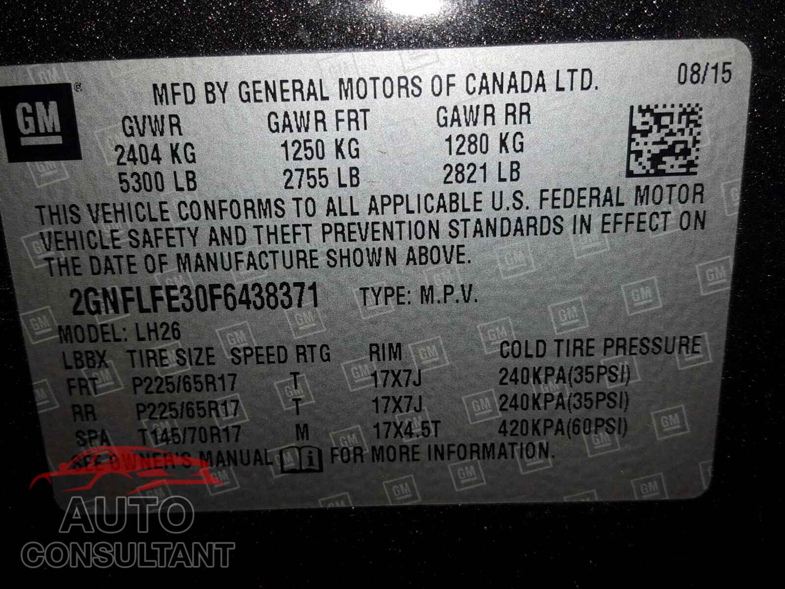CHEVROLET EQUINOX LT 2015 - 2GNFLFE30F6438371