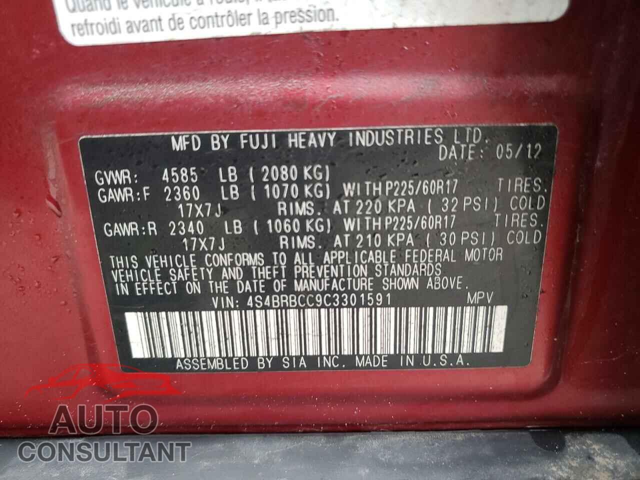 SUBARU OUTBACK 2012 - 4S4BRBCC9C3301591