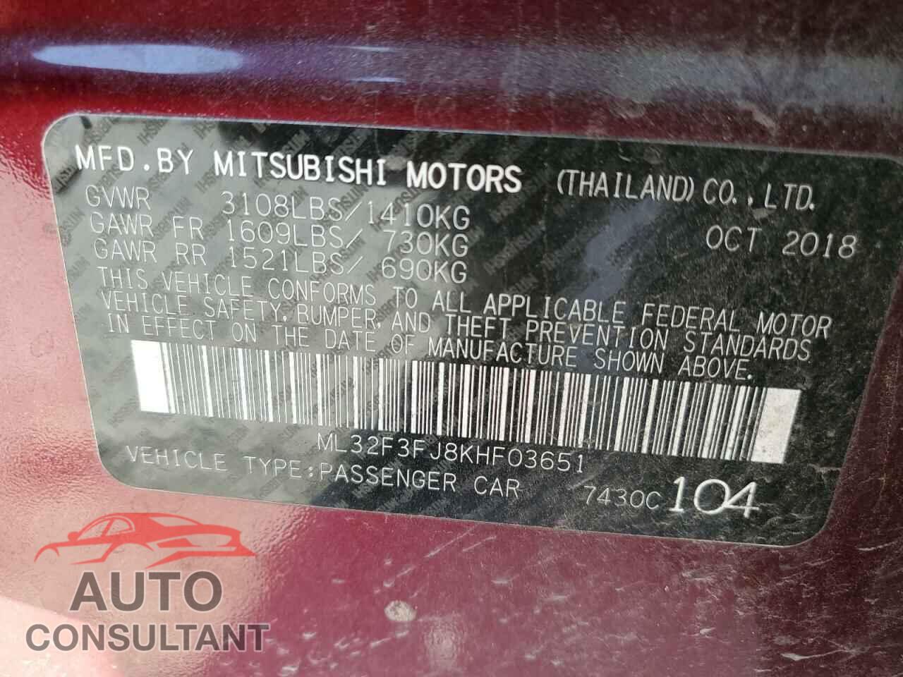 MITSUBISHI MIRAGE 2019 - ML32F3FJ8KHF03651