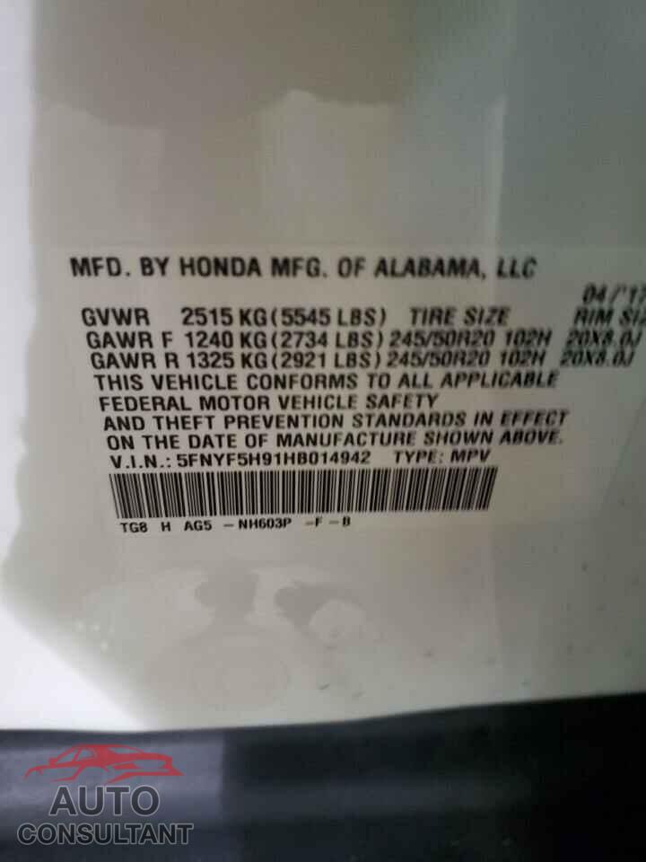 HONDA PILOT 2017 - 5FNYF5H91HB014942