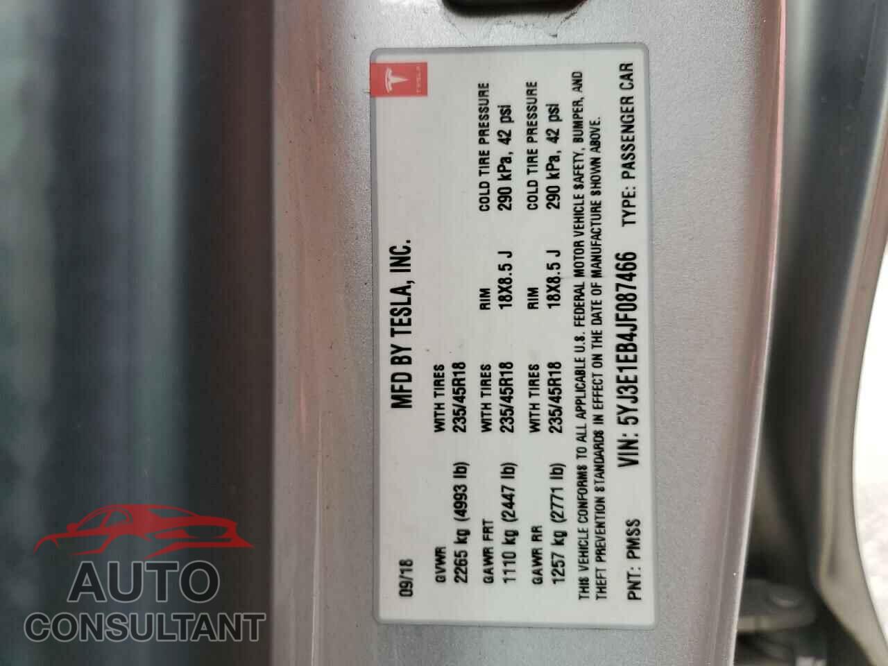 TESLA MODEL 3 2018 - 5YJ3E1EB4JF087466