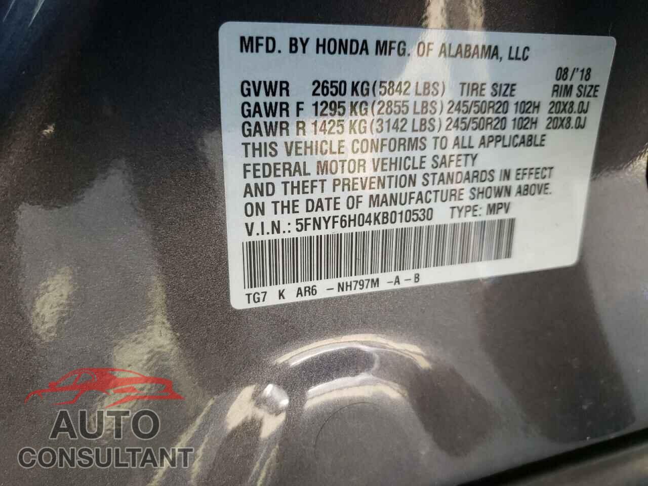 HONDA PILOT 2019 - 5FNYF6H04KB010530