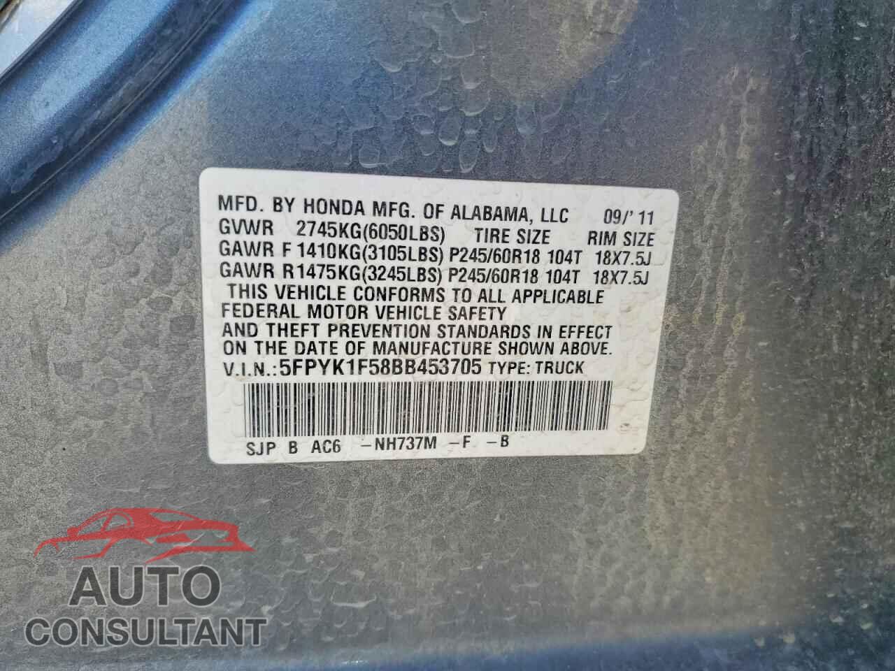 HONDA RIDGELINE 2011 - 5FPYK1F58BB453705