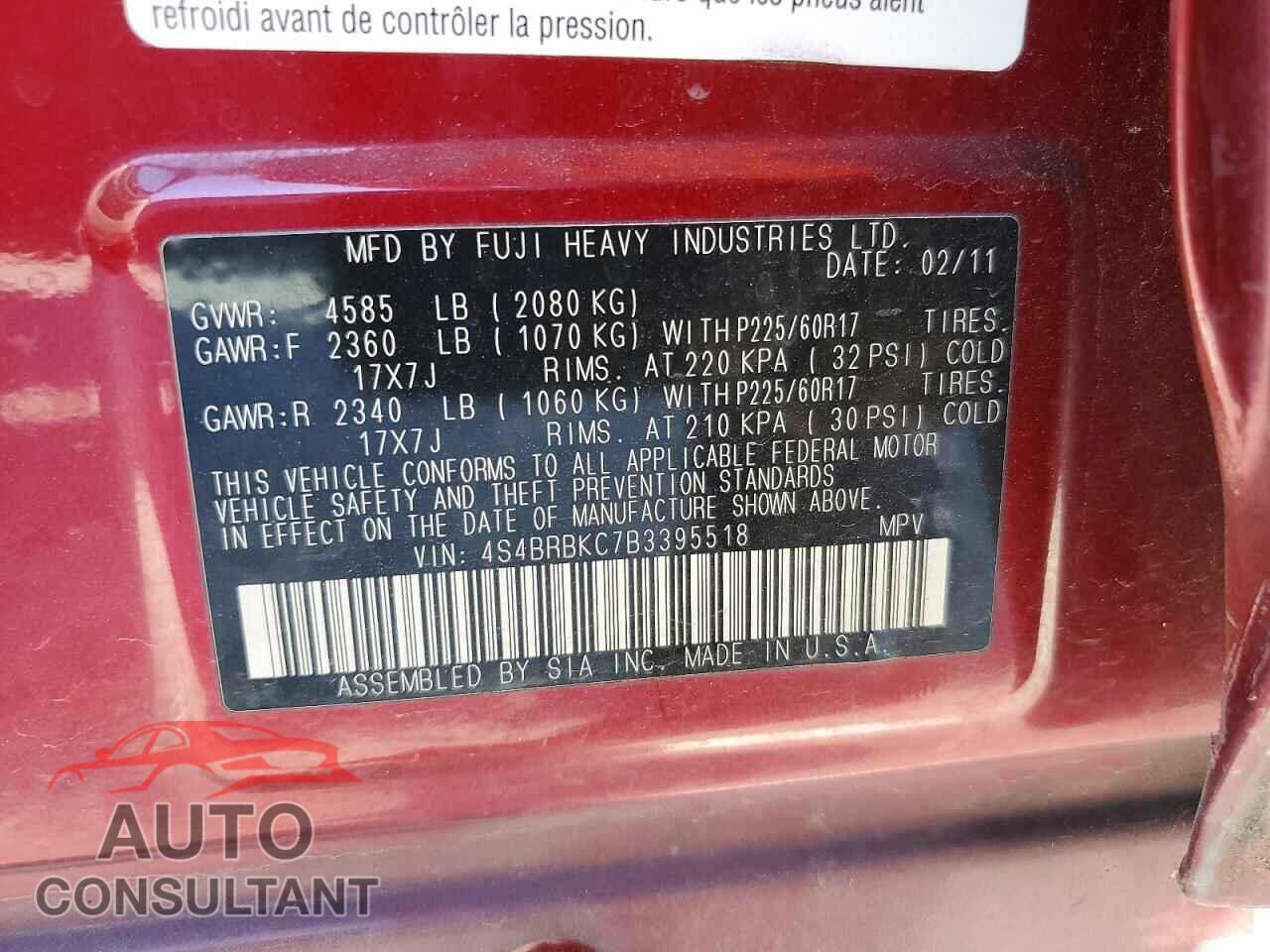 SUBARU OUTBACK 2011 - 4S4BRBKC7B3395518