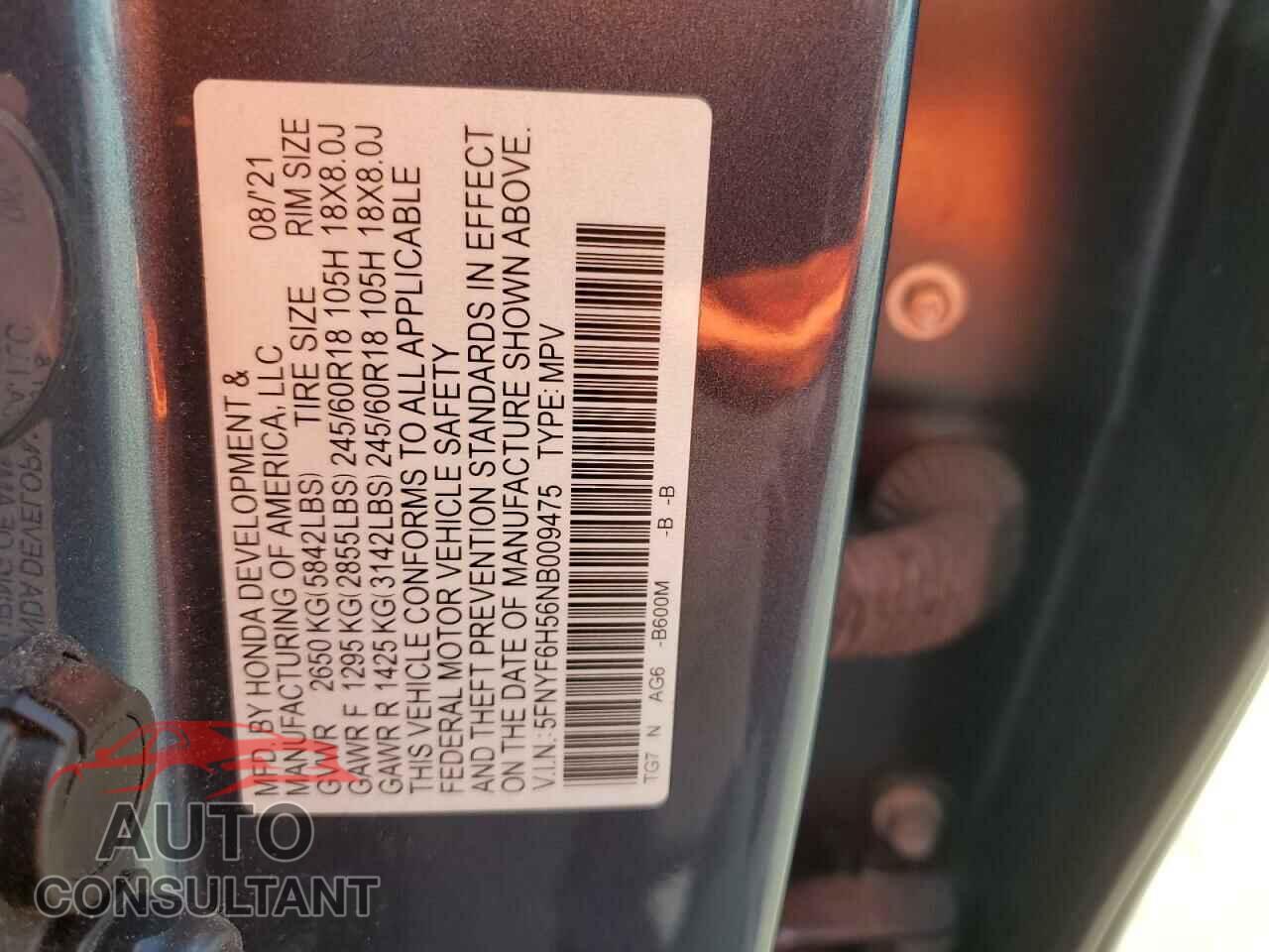 HONDA PILOT 2022 - 5FNYF6H56NB009475