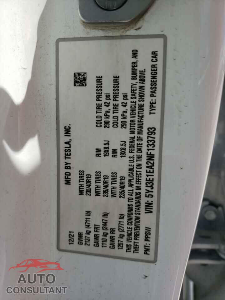 TESLA MODEL 3 2022 - 5YJ3E1EA2NF133793