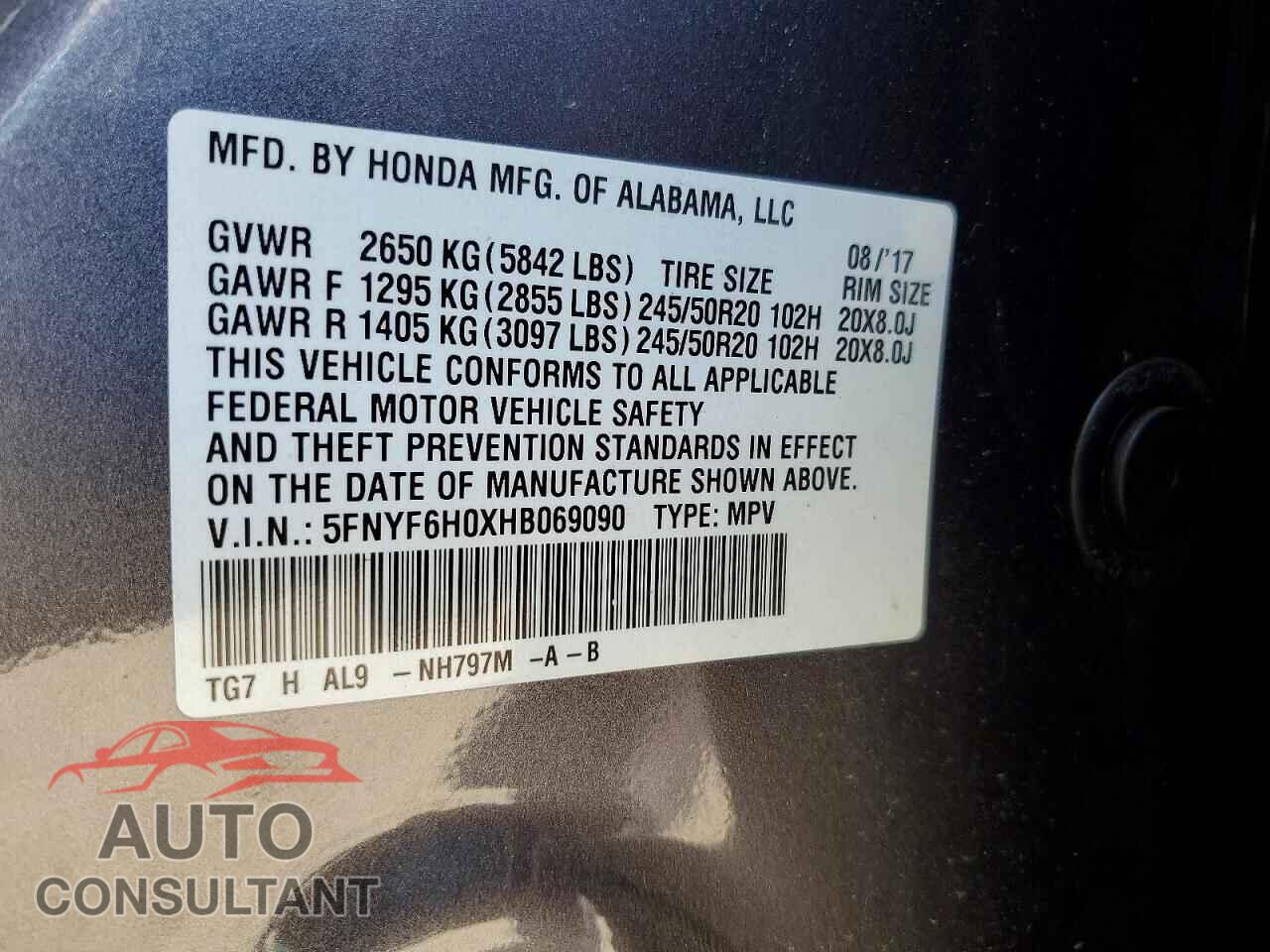 HONDA PILOT 2017 - 5FNYF6H0XHB069090