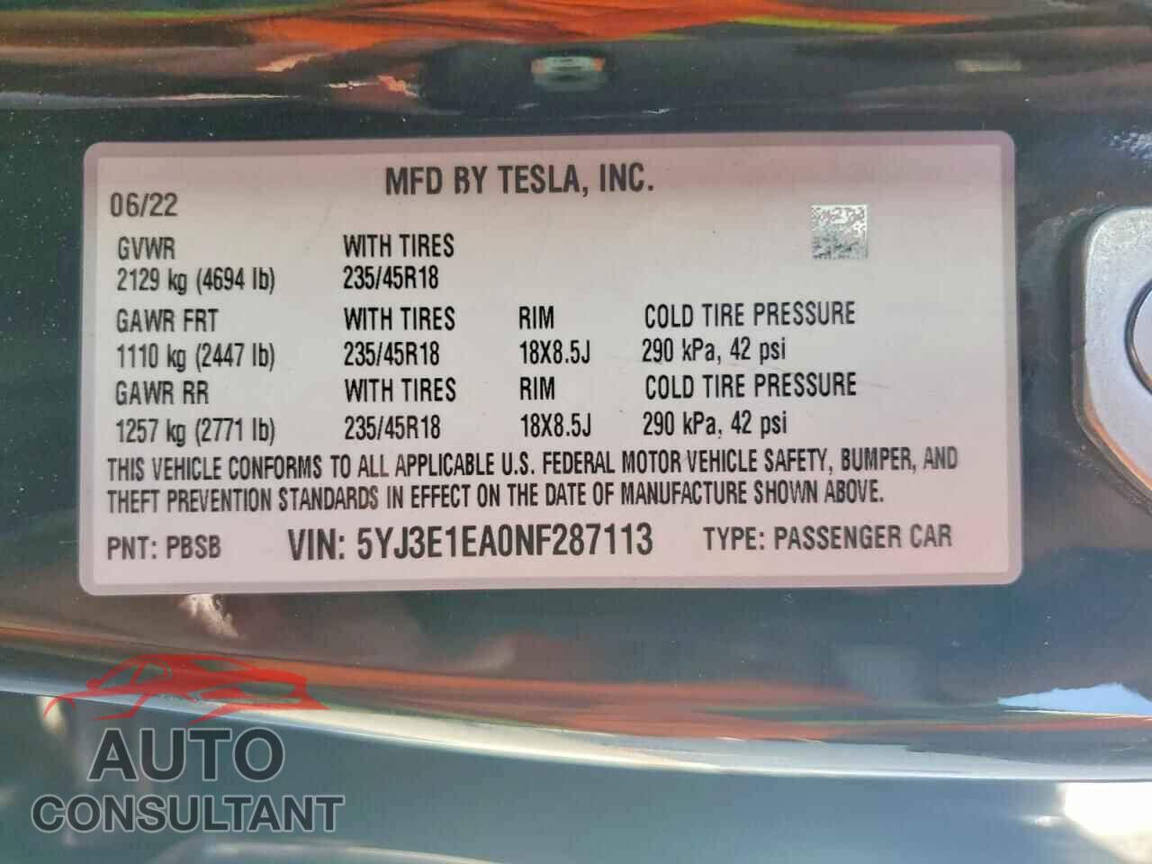 TESLA MODEL 3 2022 - 5YJ3E1EA0NF287113
