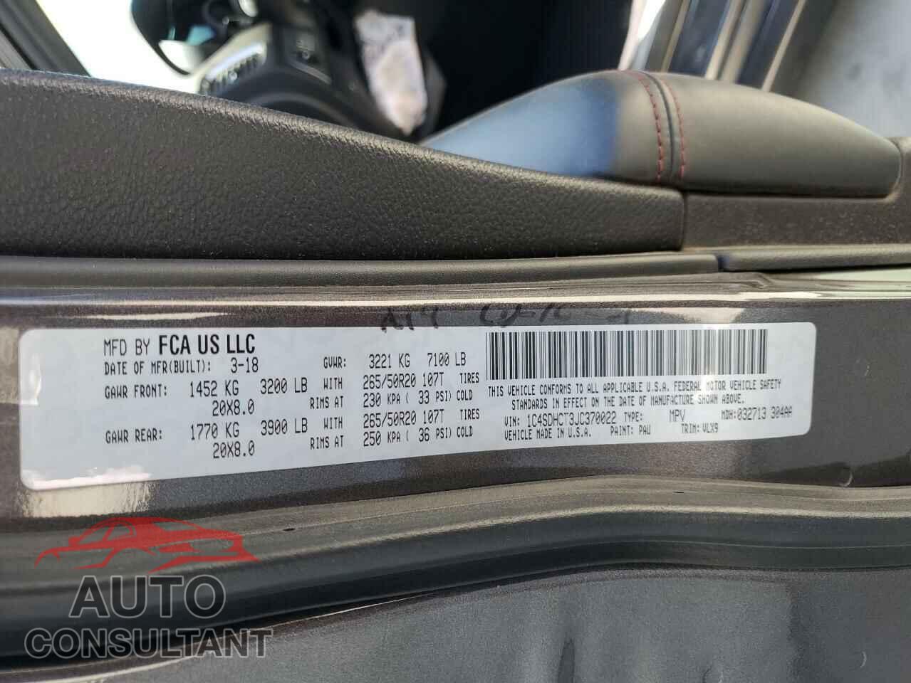 DODGE DURANGO 2018 - 1C4SDHCT3JC370022