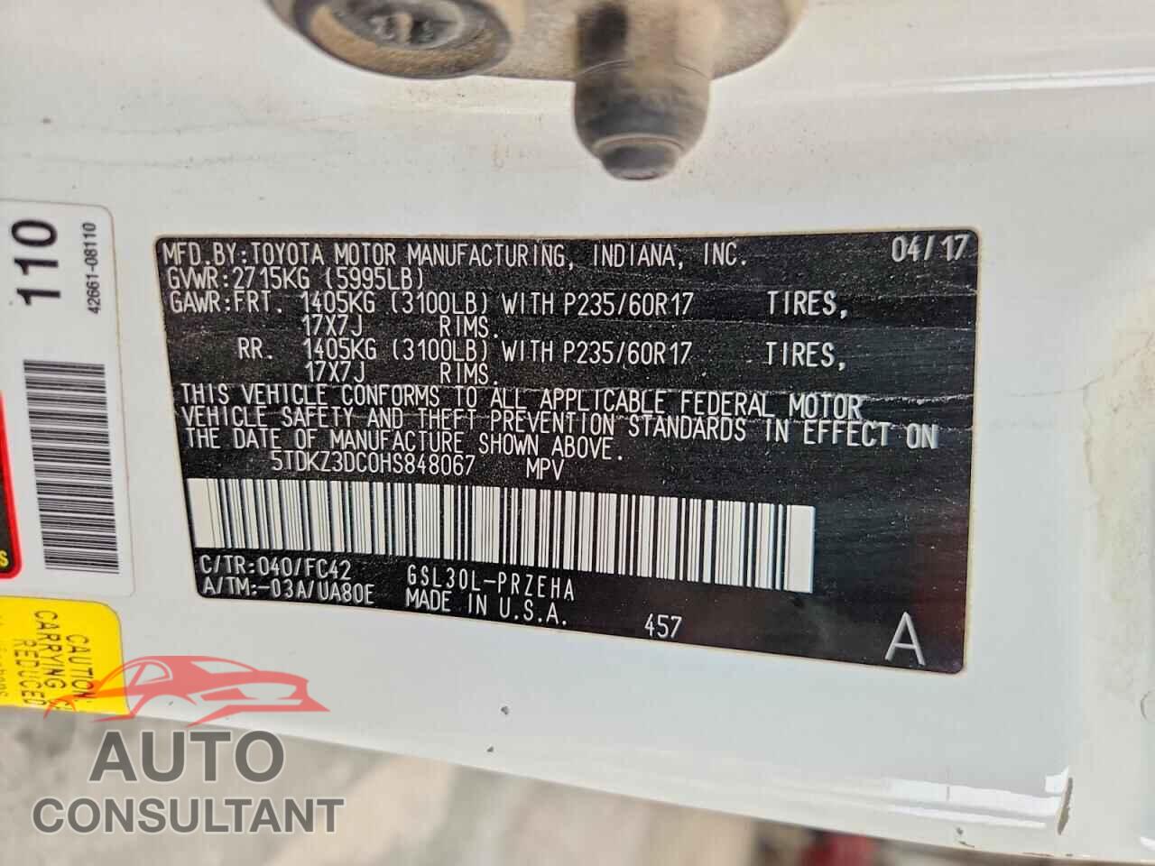 TOYOTA SIENNA 2017 - 5TDKZ3DC0HS848067