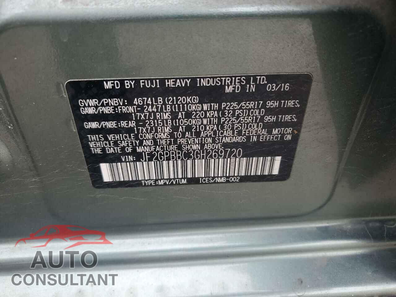 SUBARU CROSSTREK 2016 - JF2GPBBC3GH269720