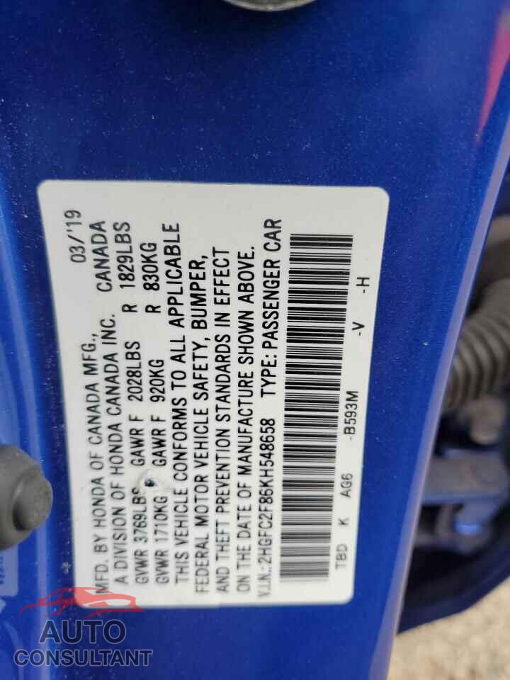 HONDA CIVIC 2019 - 2HGFC2F86KH548658
