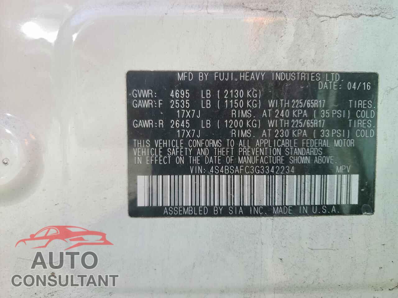 SUBARU OUTBACK 2016 - 4S4BSAFC3G3342234