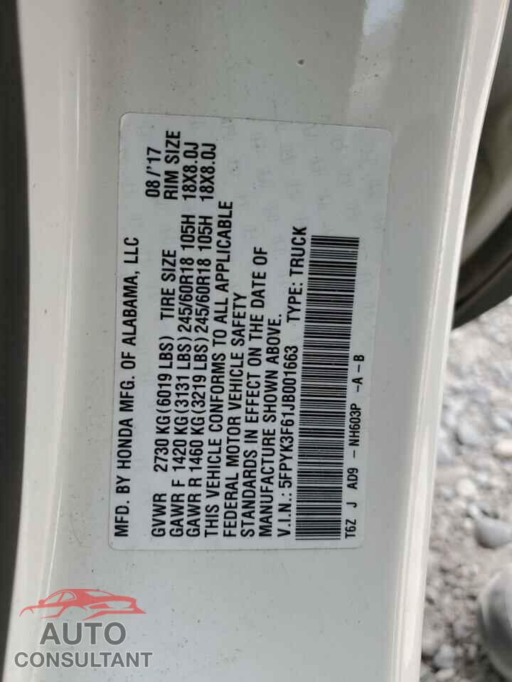 HONDA RIDGELINE 2018 - 5FPYK3F61JB001663