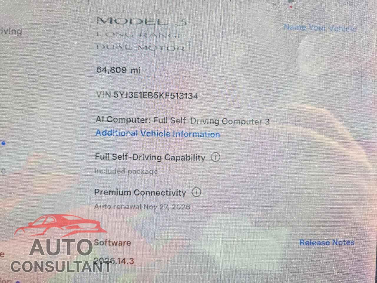 TESLA MODEL 3 2019 - 5YJ3E1EB5KF513134