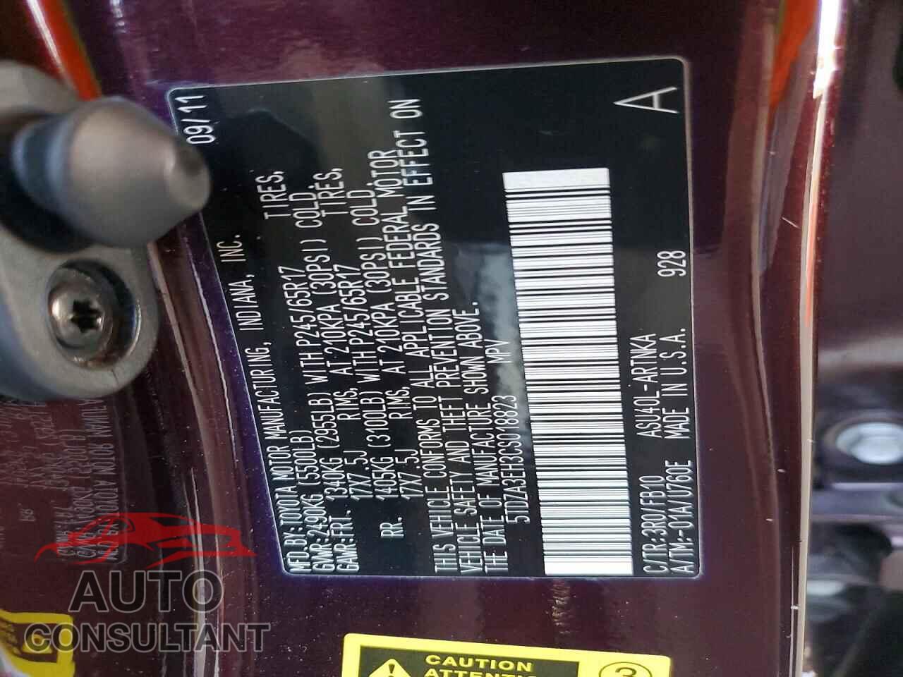 TOYOTA HIGHLANDER 2012 - 5TDZA3EH3CS018823