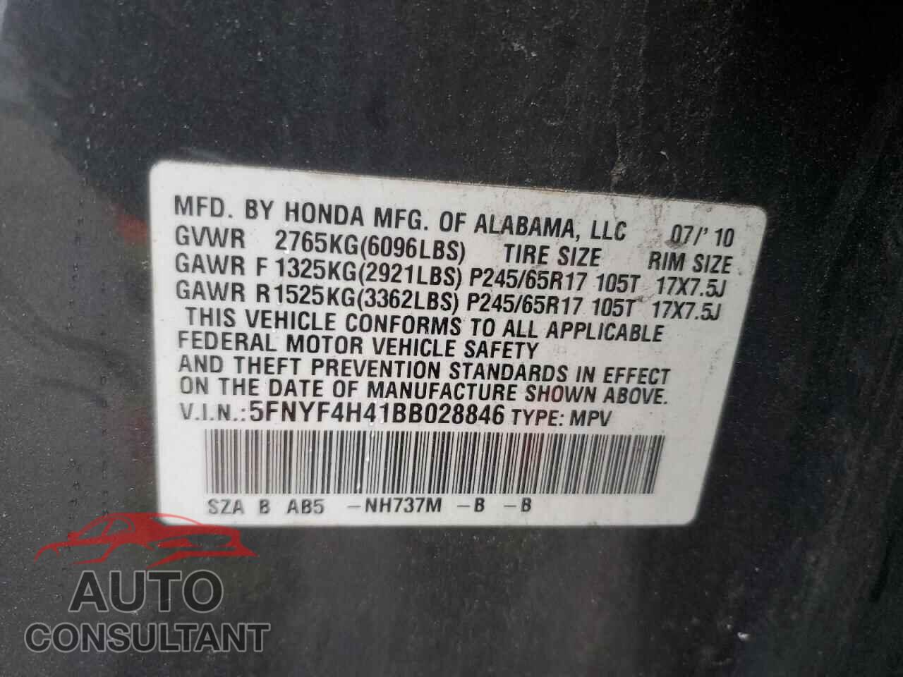 HONDA PILOT 2011 - 5FNYF4H41BB028846