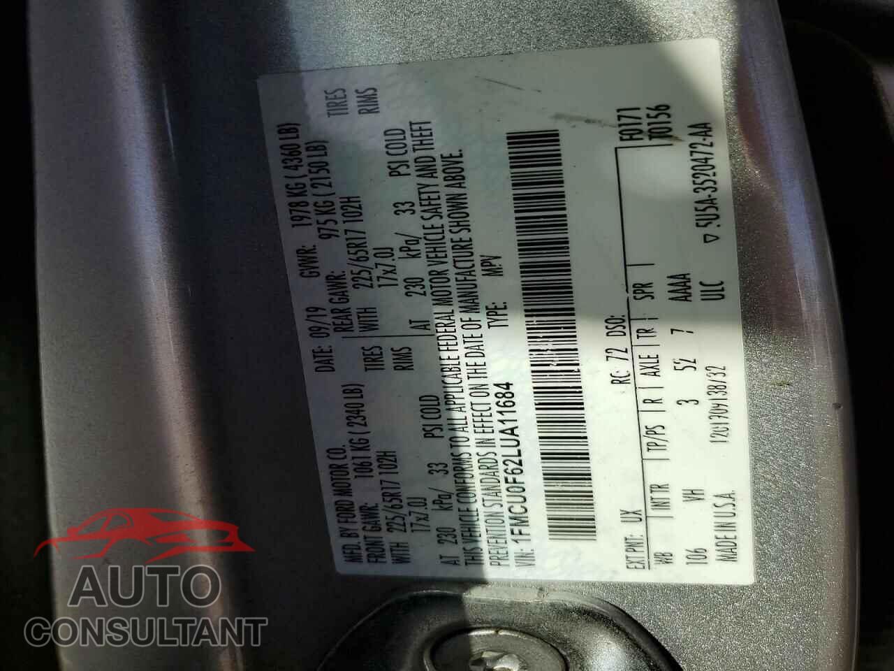FORD ESCAPE 2020 - 1FMCU0F62LUA11684