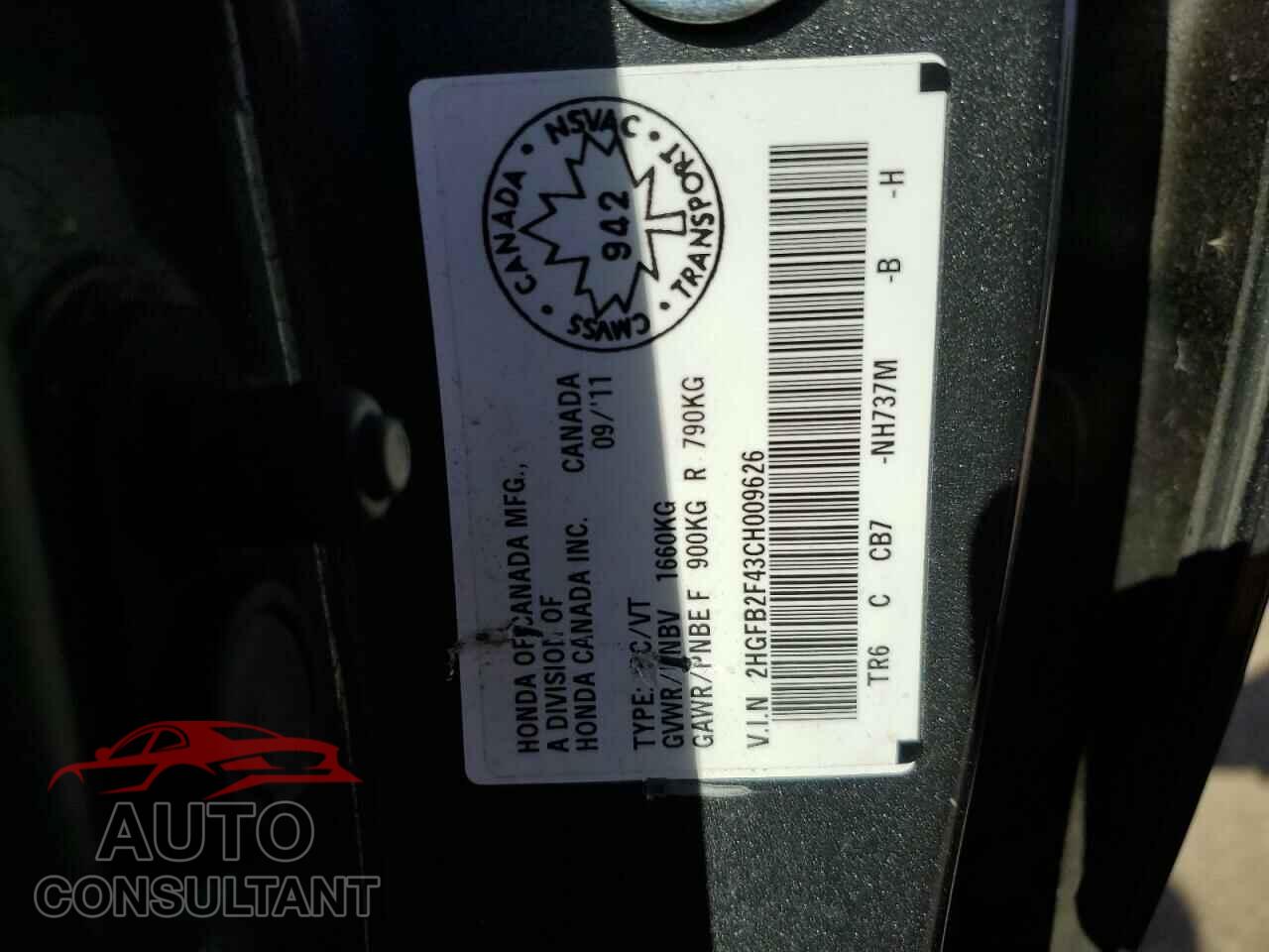 HONDA CIVIC 2012 - 2HGFB2F43CH009626
